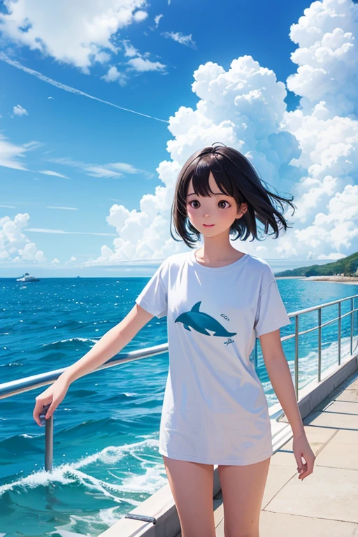 Girl 1, cute dolphin, bright sky, clouds, dolphin drawing, quality details, ocean