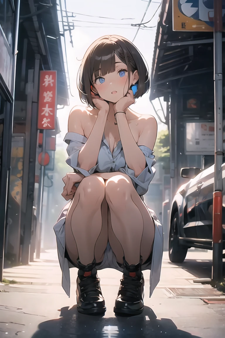 (best quality), (Super detailed), (Best Illustration Award), (masterpiece), Fraction_9, Fraction_8_Direction_7_up, (4K), (Not suitable for working hours), (1 female), (Completely naked), (Large Breasts), {Brown hair, (temple), (Bob Cut:1.3), curls, Hair between the eyes, Colored undercoat}, {(Delicate eyes), heart-shaped pupils, blue eyes}, Open your mouth, Awkward, Red and swollen nose, earrings, Sweat,full-body shot,Short shorts