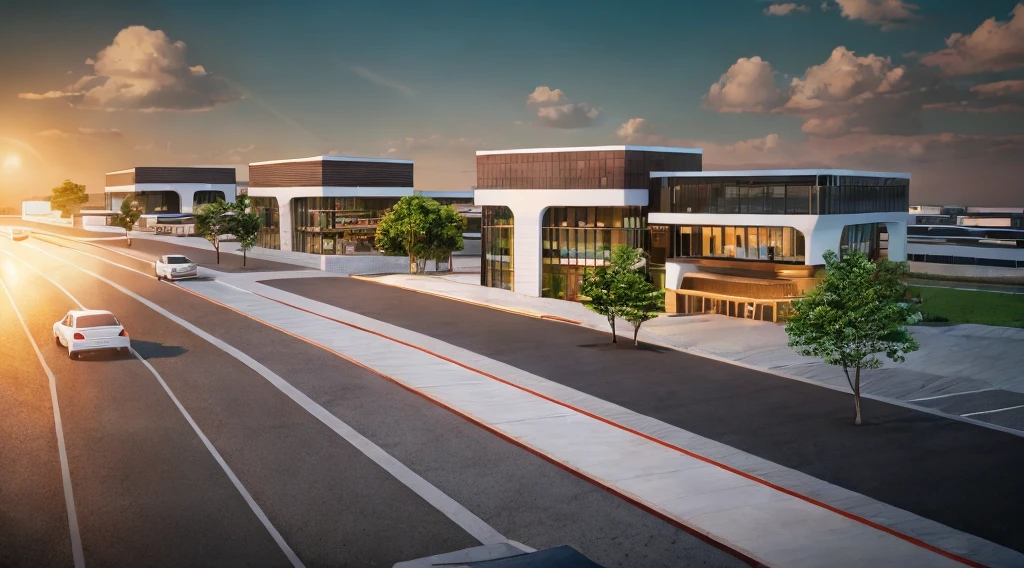 (((masterpiece))),((best quality)),outdoor,Commercial Area,Brilliant,lively,Warm atmosphere,Business Center,(Surrounded by greenery1:2),Asphalt road,Passing car,sidewalk,parking space,Award-winning design,Warm colors,Ask about the atmosphere