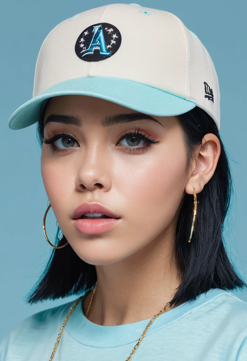 masterpiece, Highest quality, One girl, Aqua Eye, Baseball cap, Black Hair, Mouth closed, Earrings, Have, hoop 、 jewelry, View your viewers, shirt, short hair, Simple Background, alone, Upper Body, blue shirt 、Headphones、Hispanic-American