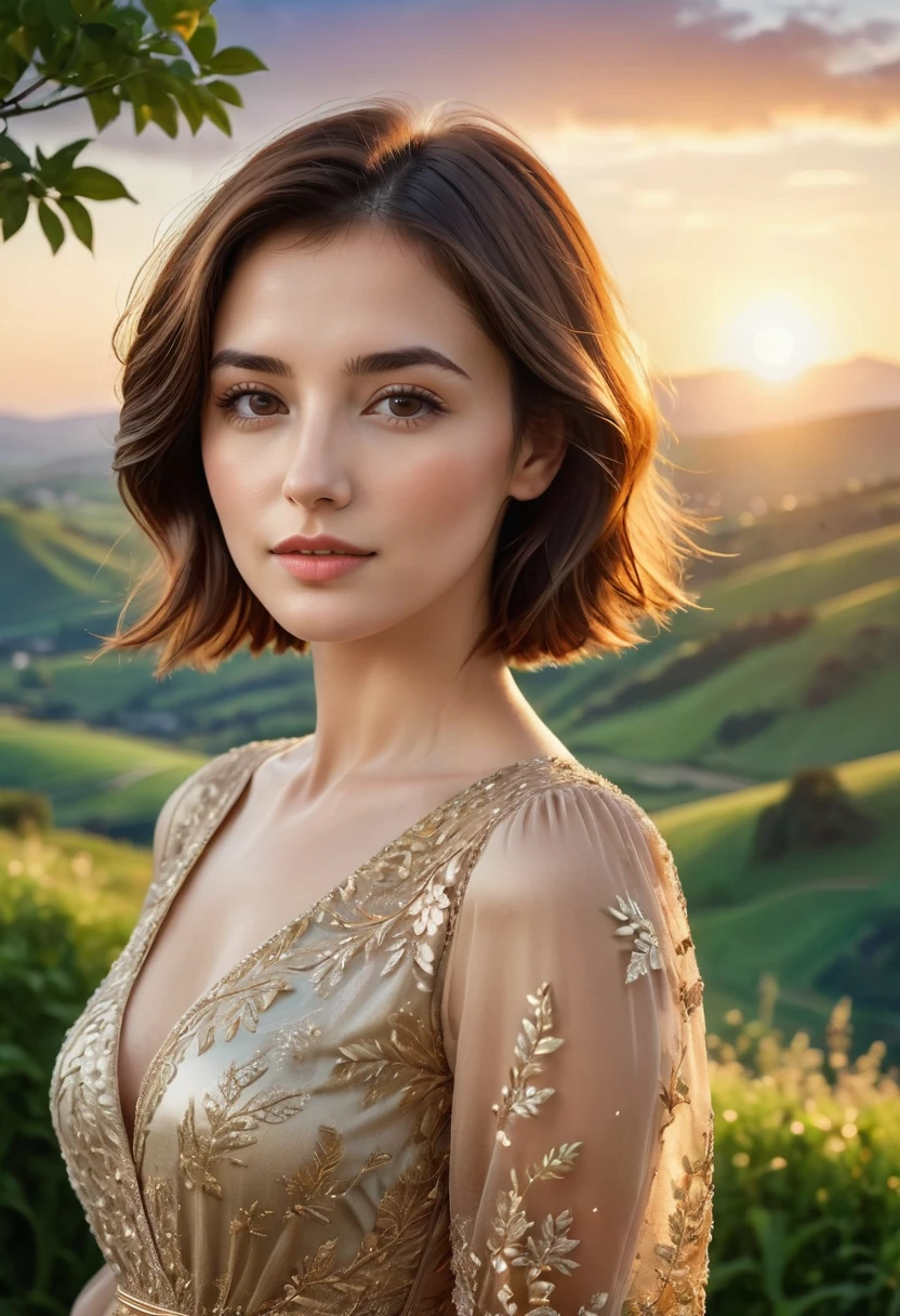 beautiful woman with short brown hair, 25 years old, in a beautiful landscape, realistic, highly detailed, 8k, photo-realistic, masterpiece, professional, cinematic lighting, vivid colors, dramatic pose, elegant, serene expression, intricate details, lush greenery, rolling hills, sunset sky, golden hour, detailed skin texture, flowing dress, soft bokeh background