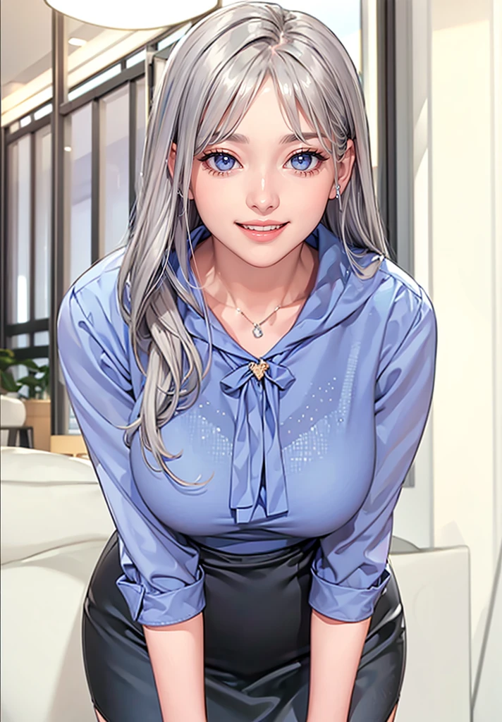 Masterpiece, high quality, best quality, ultra detailed, high resolusion, 1girl, beautiful, upper body, smiled, open mouth, looking at viewer, silver hair, blue clothes, black mini skirt, detailed face