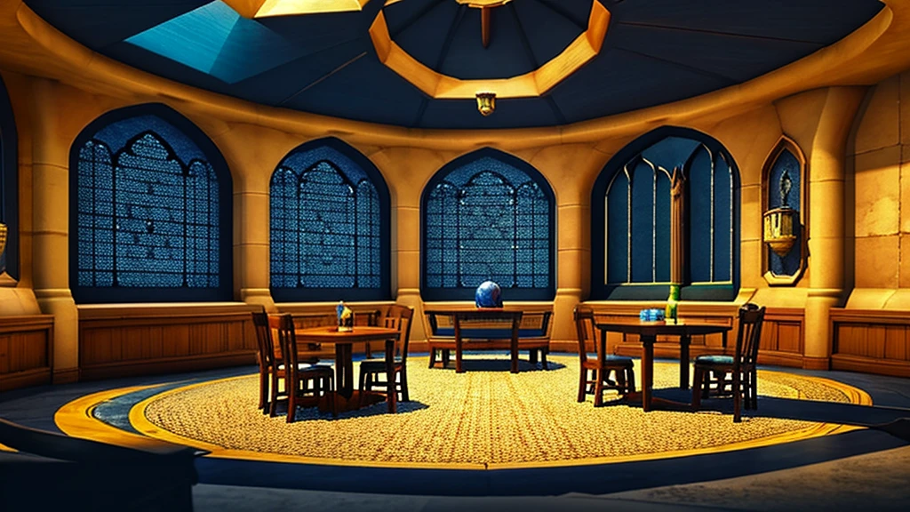 masterpiece,Highest quality,Realistic illustrations,Classic,Fantasy Full HD,Circular Room,Wide々,Arched Windows,I see the stars,Domed star-patterned ceiling,Dark navy blue carpet,Blue and bronze silk hangs on the walls,Wooden long desk,Chair,Book棚,Quill pen,Book,Luna Lovegood,Basket of Fruit «Ravenclaw Common Room» «Harry Potter Movie World»