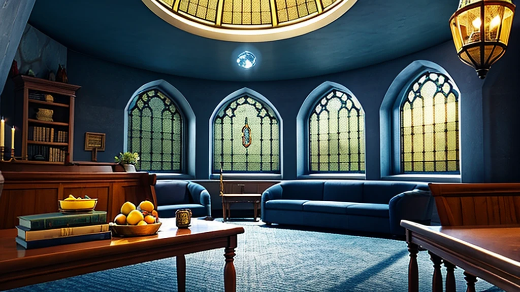 masterpiece,Highest quality,Realistic illustrations,Classic,Fantasy Full HD,Circular Room,Wide々,Arched Windows,I see the stars,Domed star-patterned ceiling,Dark navy blue carpet,Blue and bronze silk hangs on the walls,Wooden long desk,Chair,Book棚,Quill pen,Book,Luna Lovegood,Basket of Fruit «Ravenclaw Common Room» «Harry Potter Movie World»