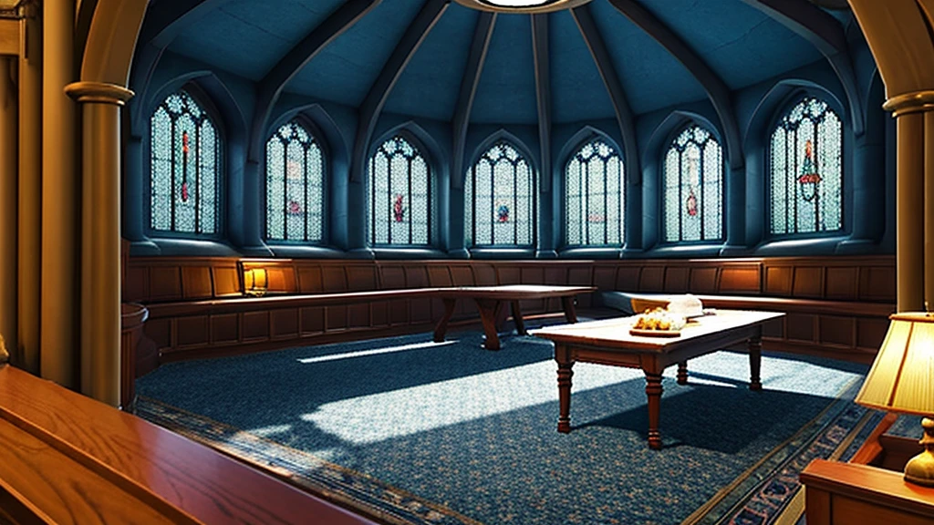 masterpiece,Highest quality,Realistic illustrations,Classic,Fantasy Full HD,Circular Room,Wide々,Arched Windows,I see the stars,Domed star-patterned ceiling,Dark navy blue carpet,Blue and bronze silk hangs on the walls,Wooden long desk,Chair,Book棚,Quill pen,Book,Luna Lovegood,Basket of Fruit «Ravenclaw Common Room» «Harry Potter Movie World»