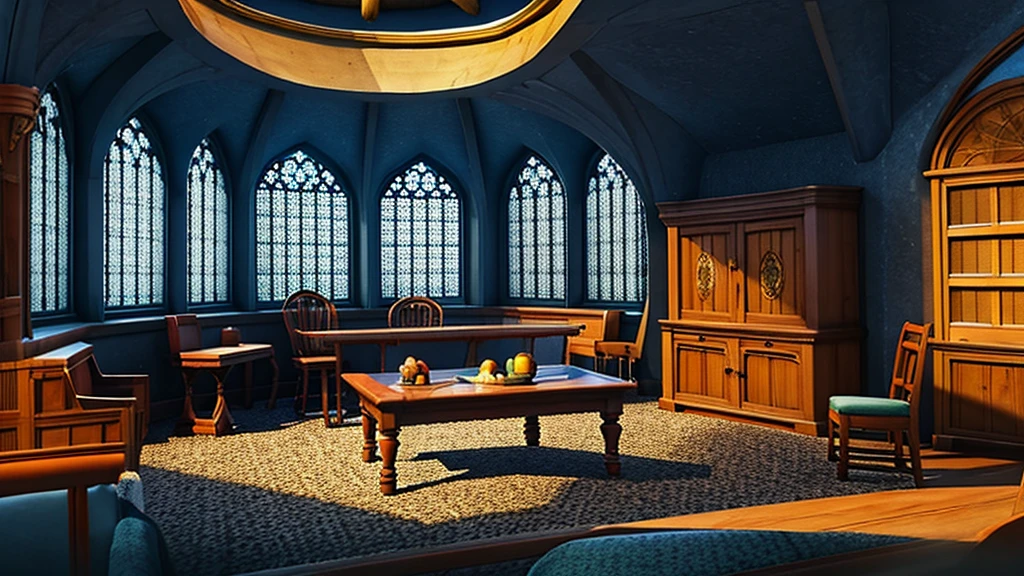 masterpiece,Highest quality,Realistic illustrations,Classic,Fantasy Full HD,Circular Room,Wide々,Arched Windows,I see the stars,Domed star-patterned ceiling,Dark navy blue carpet,Blue and bronze silk hangs on the walls,Wooden long desk,Chair,Book棚,Quill pen,Book,Luna Lovegood,Basket of Fruit «Ravenclaw Common Room» «Harry Potter Movie World»