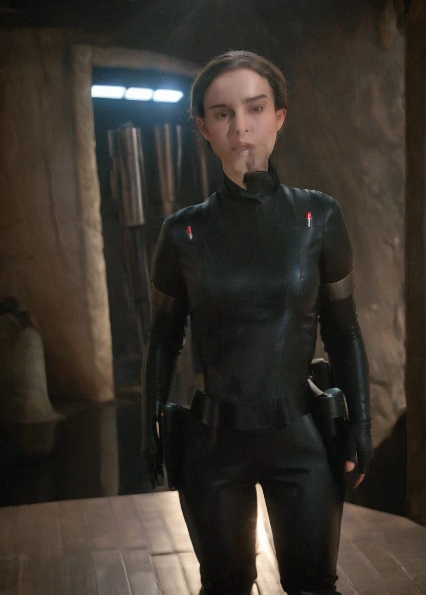 high resolution photo face close-up of p4dme woman sitting in a star wars cantina,looking at camera,black uniform,hair chignon,full body shot,Imperial officer wearing a (color) uniform depth of field,volumetric lighting,sunrise,(surreal dramatic lighting shadow) Waiting to start
