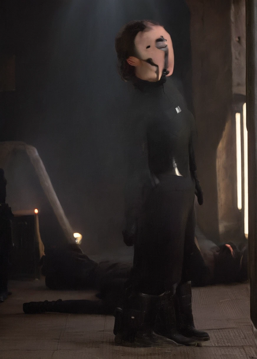high resolution photo face close-up of p4dme woman sitting in a star wars cantina,looking at camera,black uniform,hair chignon,full body shot,Imperial officer wearing a (color) uniform depth of field,volumetric lighting,sunrise,(surreal dramatic lighting shadow) Waiting to start