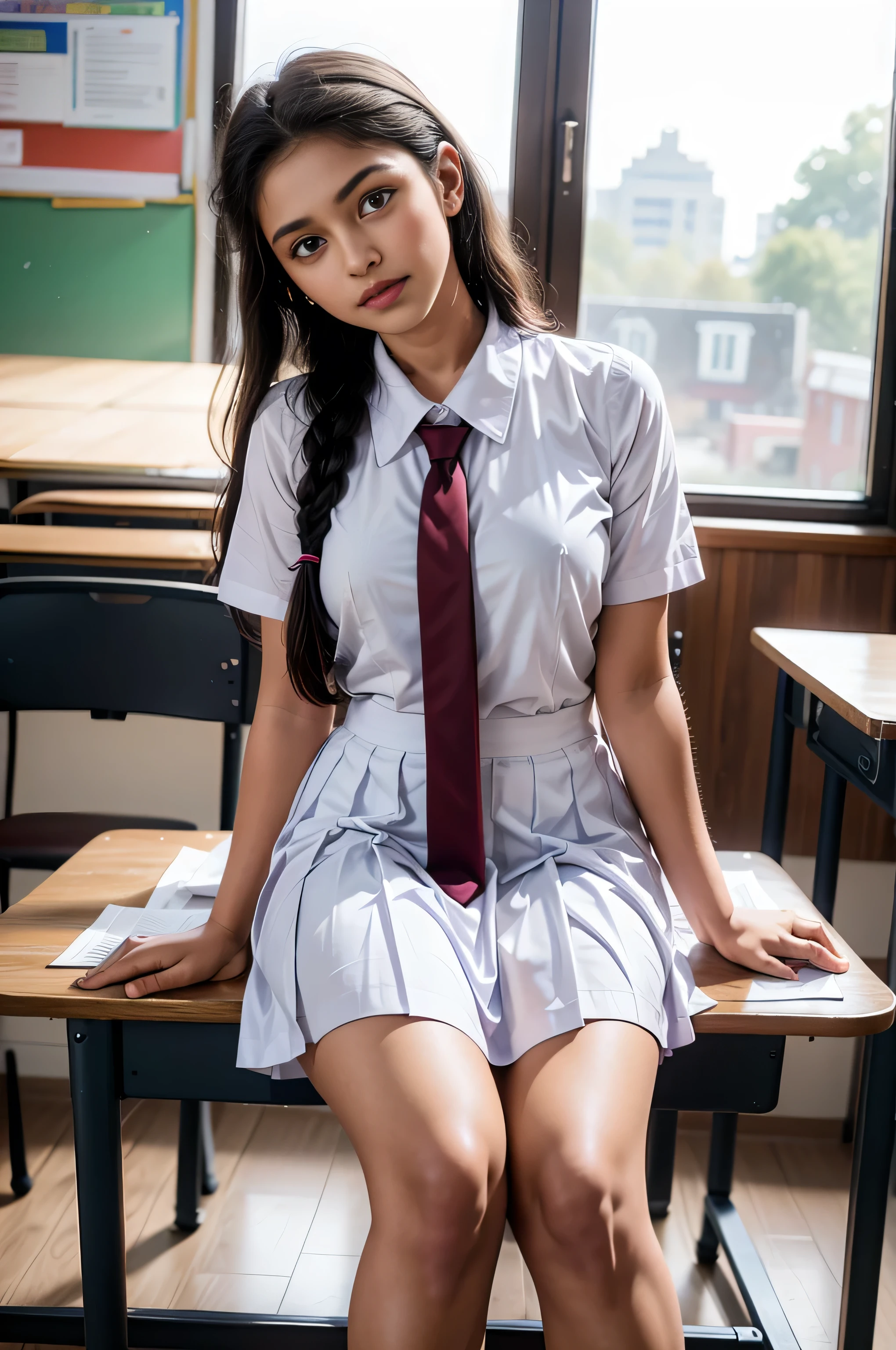 Raw photo , 1 girl ,Wearing white frock and color tie, white shoes, (( girl studying on on in the classroom)), with plait, biggest breasts size , professional photographer, (hdr:1.4), masterpiece, ultra-realistic 8k, perfect artwork, intrincate details, cute face, award winning photograph, (Best quality, 8k, 32k, Masterpiece, UHD:1.3) ,