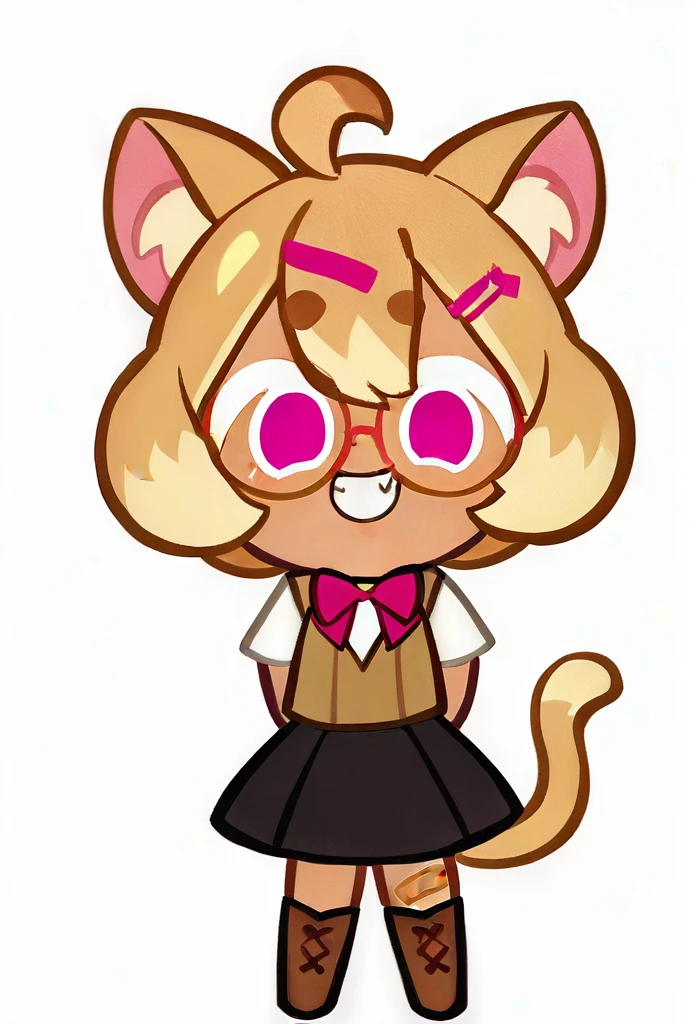 chibi, full body, CookieRun, 1girl, animal ear fluff, animal ears, arms behind back, bandaid, black skirt, boots, bow, brown footwear, brown vest, cat ears, cat girl, cat tail, full body, fur trim, glasses, grin, hair between eyes, hair ornament, hairclip, looking at viewer, pink eyes, beiger hair, shirt, short hair, ahoge, short sleeves, skirt, smile, solo, standing, tail, thick eyebrows, vest, white background, white shirt