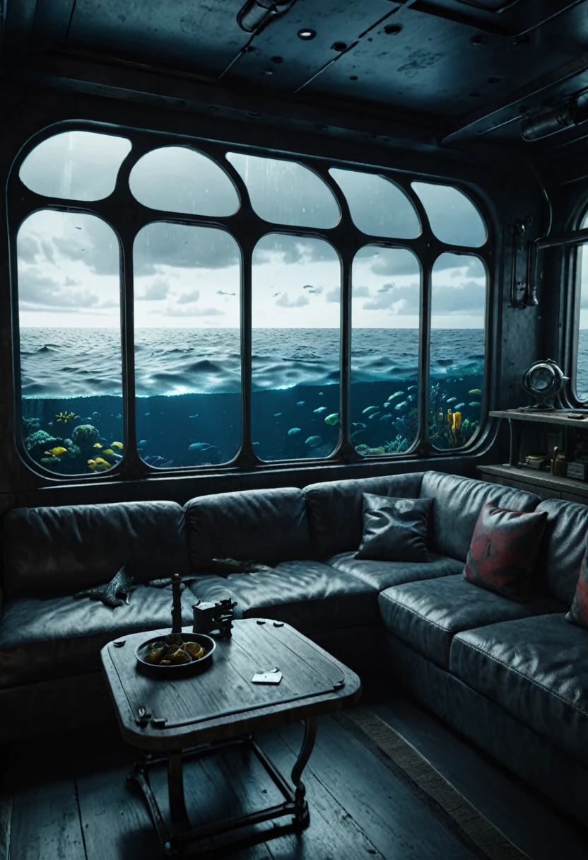 submarine, indoor, sofa, table, window, Ocean, 深Ocean, dark, mysterious, Metal interior, Cinematic, masterpiece, Very detailed, 8K, fish outside the window
