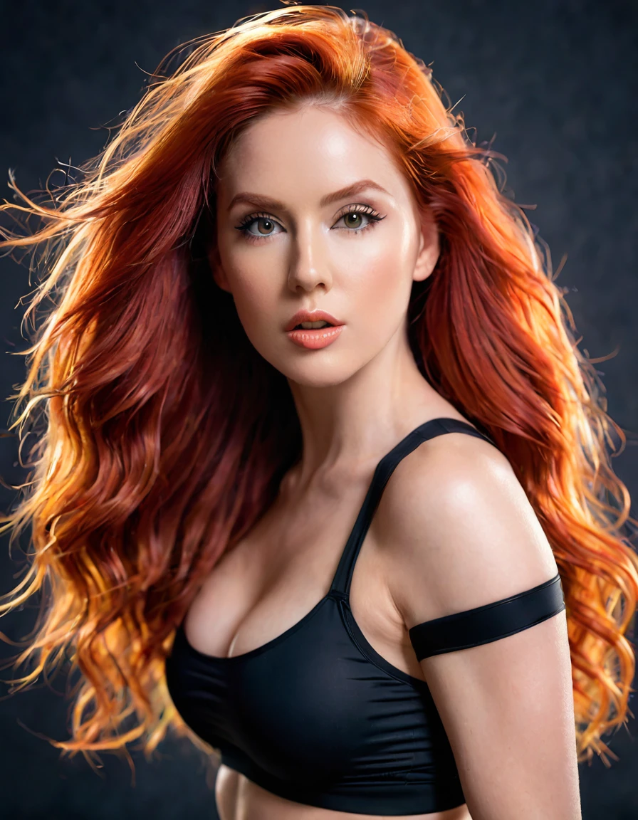 ultra realistic, photography, long red hair, girl, 24 years old, hourglass figure, perfect body, Flirty look, extremely detailed artgerm, in the style artgerm, small breasts, facing the camera, Nikon z fx, lens 35 mm, blur background, aerobic class, 80s aerobic outfit (like in the music video of "call on me" by Eric Prydz), aerobic poses