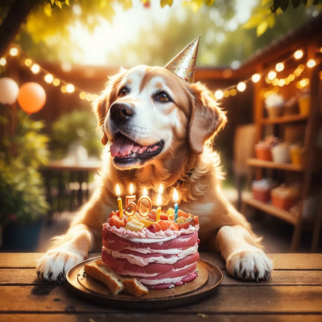 dog birthday, frolicking senior dogs, old senior dog with birthday hat, eating meaty birthday cake with a 50, dog-birthday, dog with party hat detailed portrait, realistic, photorealistic, highly detailed, ultra-detailed, 8k, hyperrealistic, natural lighting, vibrant colors, warm tones, depth of field, cinematic, cinematic award - winning pet photography, celebrating a birthday, by Matt Cavotta, 5 years old, 500px