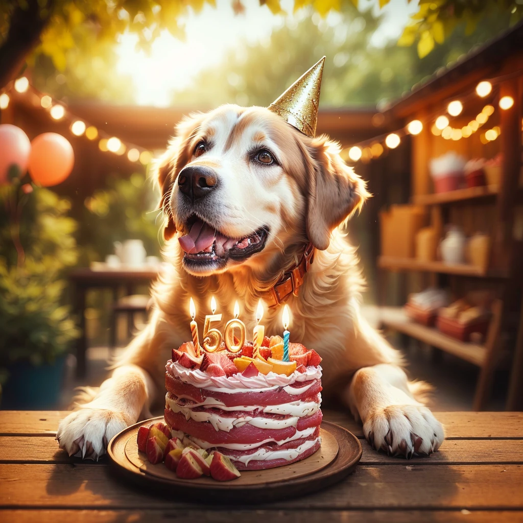 dog birthday, frolicking senior dogs, old senior dog with birthday hat, eating meaty birthday cake with a 50, dog-birthday, dog with party hat detailed portrait, realistic, photorealistic, highly detailed, ultra-detailed, 8k, hyperrealistic, natural lighting, vibrant colors, warm tones, depth of field, cinematic, cinematic award - winning pet photography, celebrating a birthday, by Matt Cavotta, , 500px