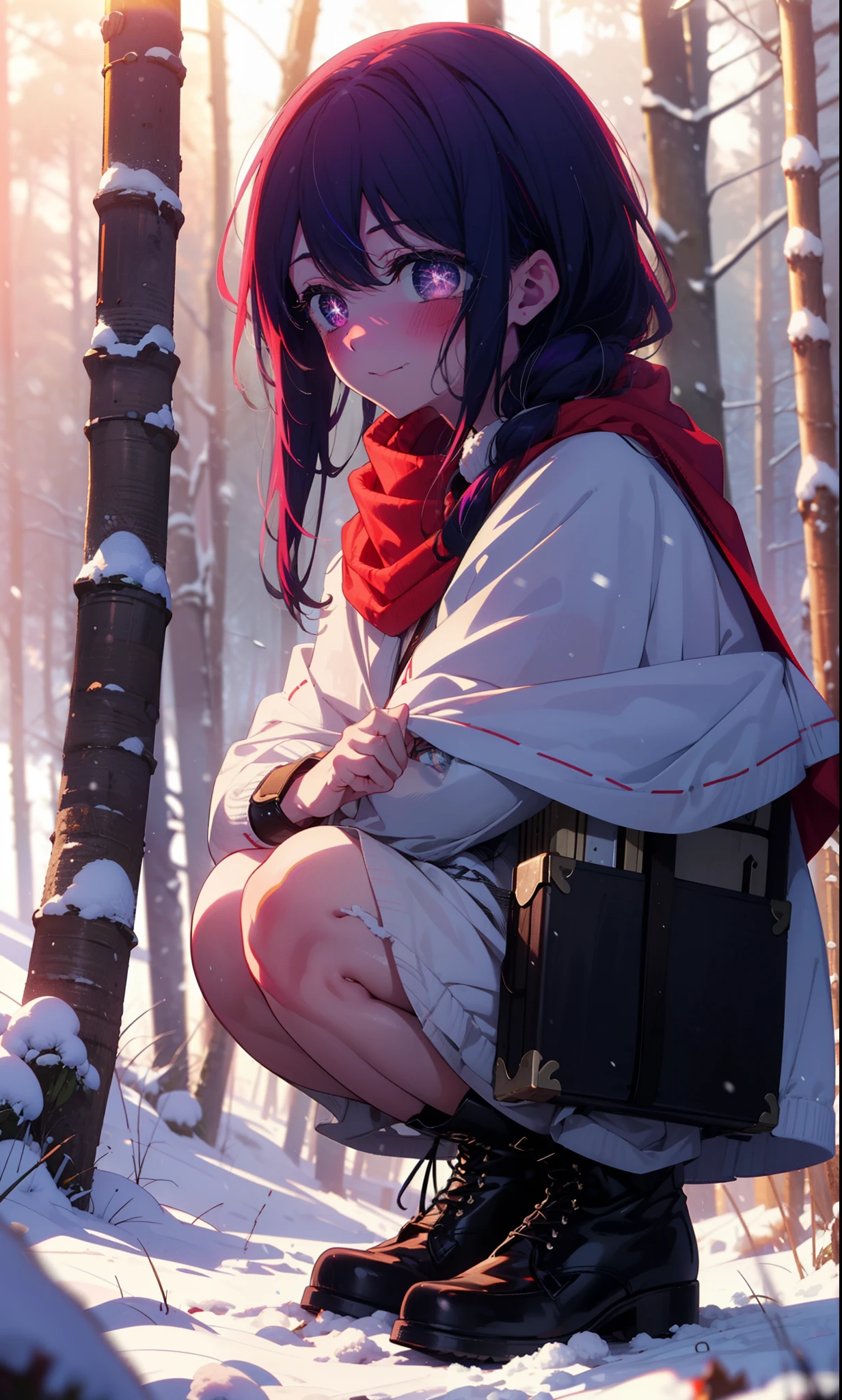aihoshino, Ai Hoshino, Long Hair, bangs, (Purple eyes:1.1), Purple Hair, (Symbol-shaped pupil:1.5), smile,,smile,blush,White Breath,
Open your mouth,snow,Ground bonfire, Outdoor, boots, snowing, From the side, wood, suitcase, Cape, Blurred, , forest, White handbag, nature,  Squat, Mouth closed, Cape, winter, Written boundary depth, Black shoes, red Cape break looking at viewer, Upper Body, whole body, break Outdoor, forest, nature, break (masterpiece:1.2), Highest quality, High resolution, unity 8k wallpaper, (shape:0.8), (Beautiful and beautiful eyes:1.6), Highly detailed face, Perfect lighting, Highly detailed CG, (Perfect hands, Perfect Anatomy),