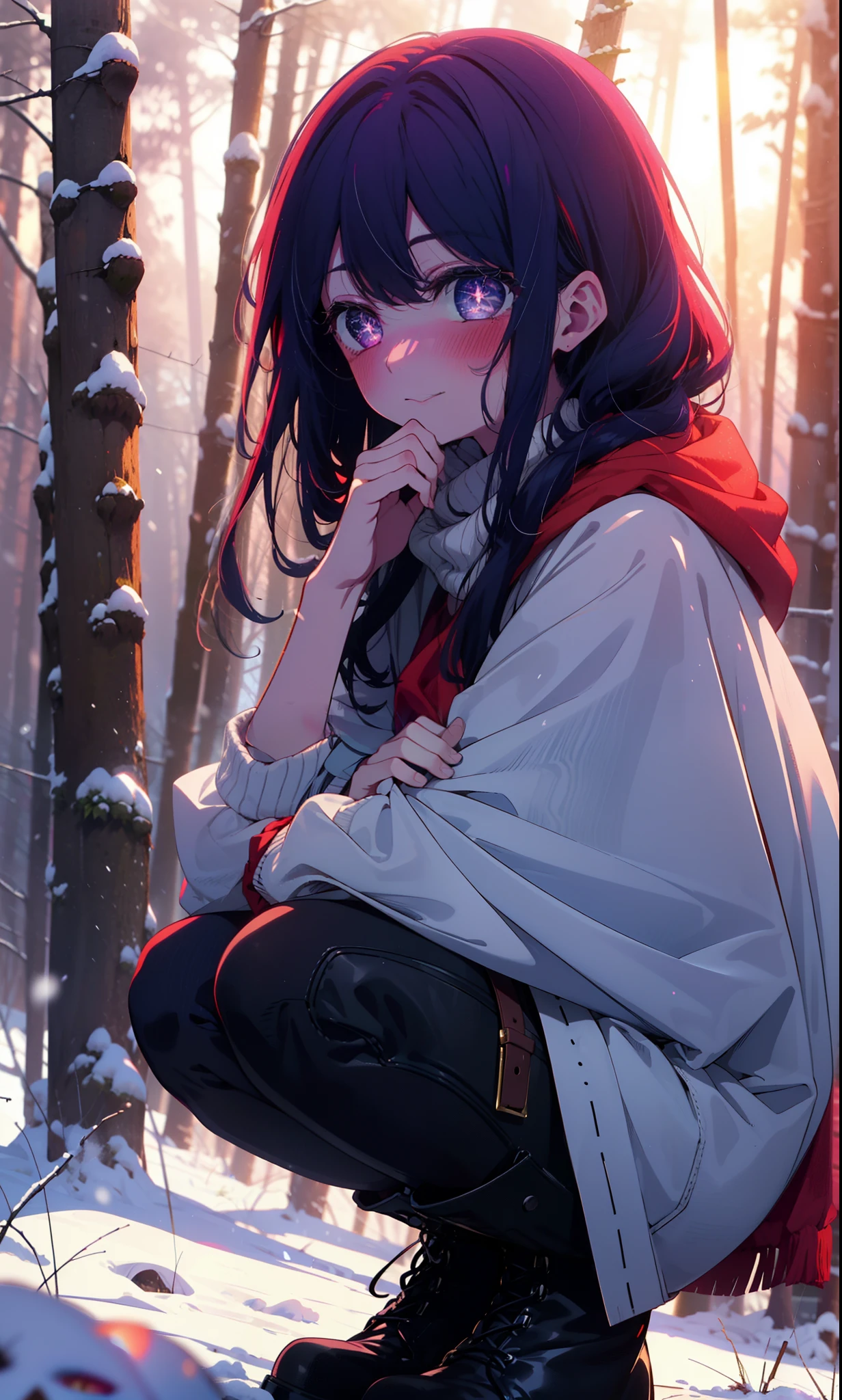 aihoshino, Ai Hoshino, Long Hair, bangs, (Purple eyes:1.1), Purple Hair, (Symbol-shaped pupil:1.5), smile,,smile,blush,White Breath,
Open your mouth,snow,Ground bonfire, Outdoor, boots, snowing, From the side, wood, suitcase, Cape, Blurred, , forest, White handbag, nature, Squat, Mouth closed, Cape, winter, Written boundary depth, Black shoes, red Cape break looking at viewer, Upper Body, whole body, break Outdoor, forest, nature, break (masterpiece:1.2), Highest quality, High resolution, unity 8k wallpaper, (shape:0.8), (Beautiful and beautiful eyes:1.6), Highly detailed face, Perfect lighting, Highly detailed CG, (Perfect hands, Perfect Anatomy),