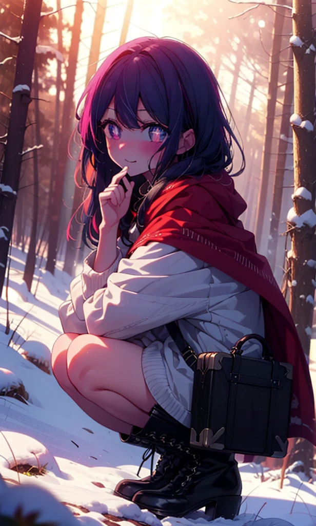 aihoshino, Ai Hoshino, Long Hair, bangs, (Purple eyes:1.1), Purple Hair, (Symbol-shaped pupil:1.5), smile,,smile,blush,White Breath,
Open your mouth,snow,Ground bonfire, Outdoor, boots, snowing, From the side, wood, suitcase, Cape, Blurred, , forest, White handbag, nature,  Squat, Mouth closed, Cape, winter, Written boundary depth, Black shoes, red Cape break looking at viewer, Upper Body, whole body, break Outdoor, forest, nature, break (masterpiece:1.2), Highest quality, High resolution, unity 8k wallpaper, (shape:0.8), (Beautiful and beautiful eyes:1.6), Highly detailed face, Perfect lighting, Highly detailed CG, (Perfect hands, Perfect Anatomy),