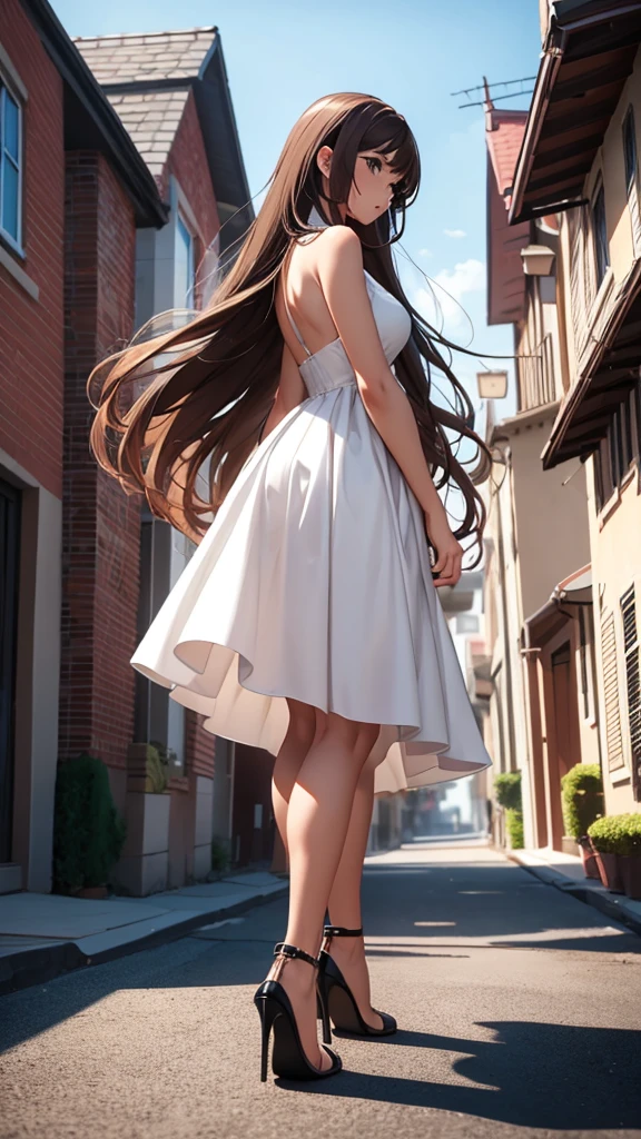 8k, beautiful woman, long hair, brown hair, short peplum dress, white dress, walking, high heels, classic heels, profile view, residential houses background