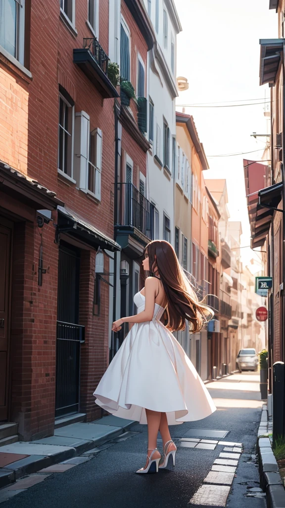 8k, beautiful woman, long hair, brown hair, short peplum dress, white dress, walking, high heels, classic heels, profile view, residential houses background