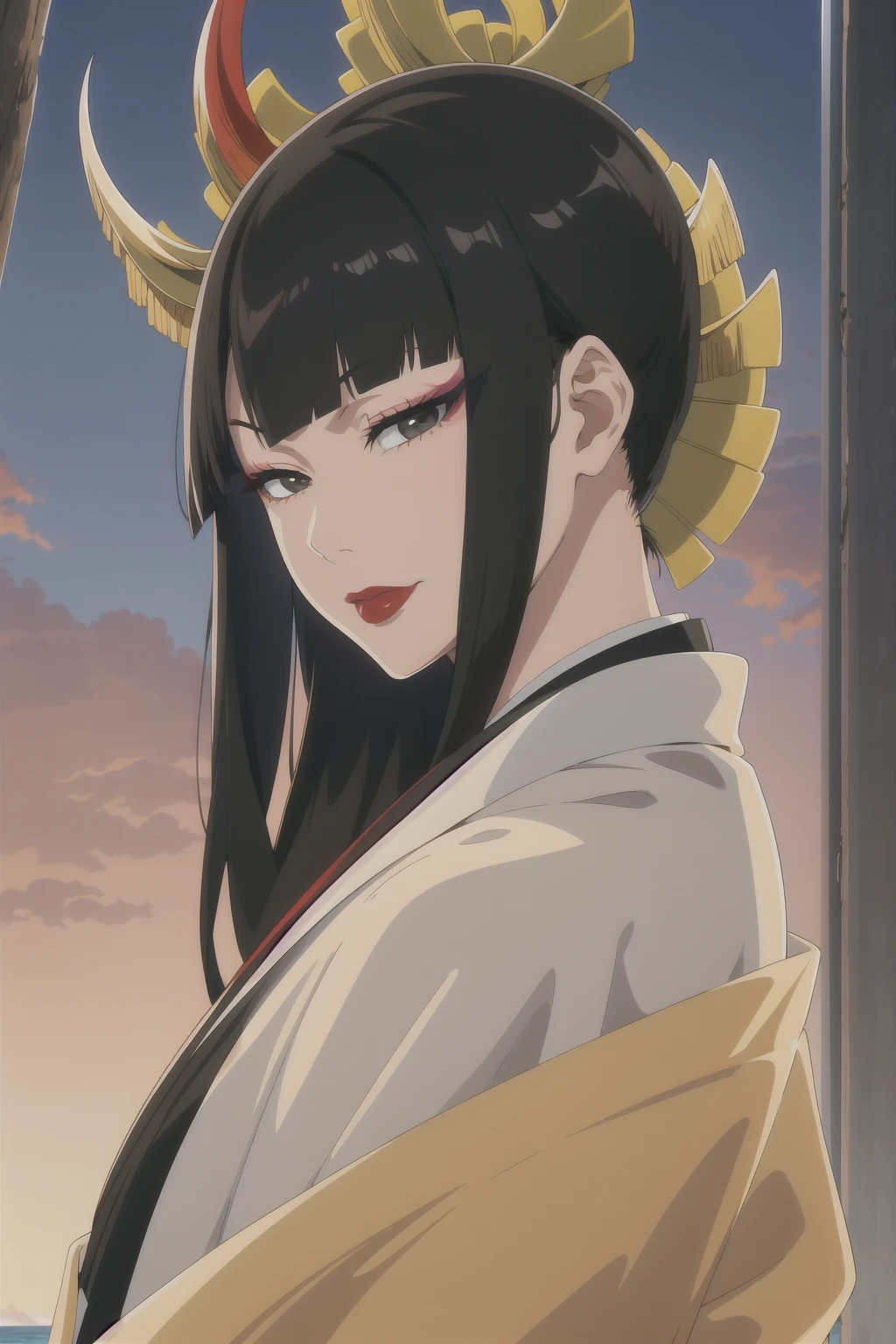 masterpiece, best quality, SShutaraV4, 1girl, solo, looking at viewer, slight smile, long hair, bangs, blunt bangs, sidelocks, (black eyes), (black hair:1.4) makeup, lipstick, red lipstick, mature, mature female, japanese clothes, kimono, sunset, outdoors, sea, water, sand, anime coloring, 