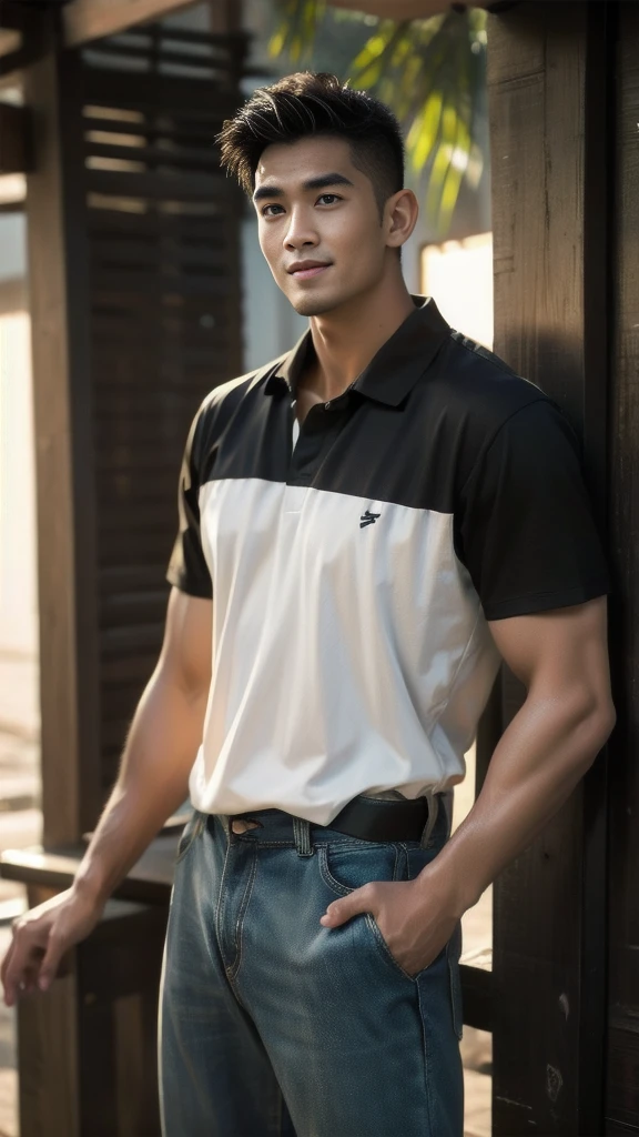 Natural light, realistic, Thai man, ทรงผมสั้น buzz cut, Handsome, muscular, big muscles, Broad shoulders, model, Wearing a black polo shirt and jeans, he stood and smiled. , outdoor outside
