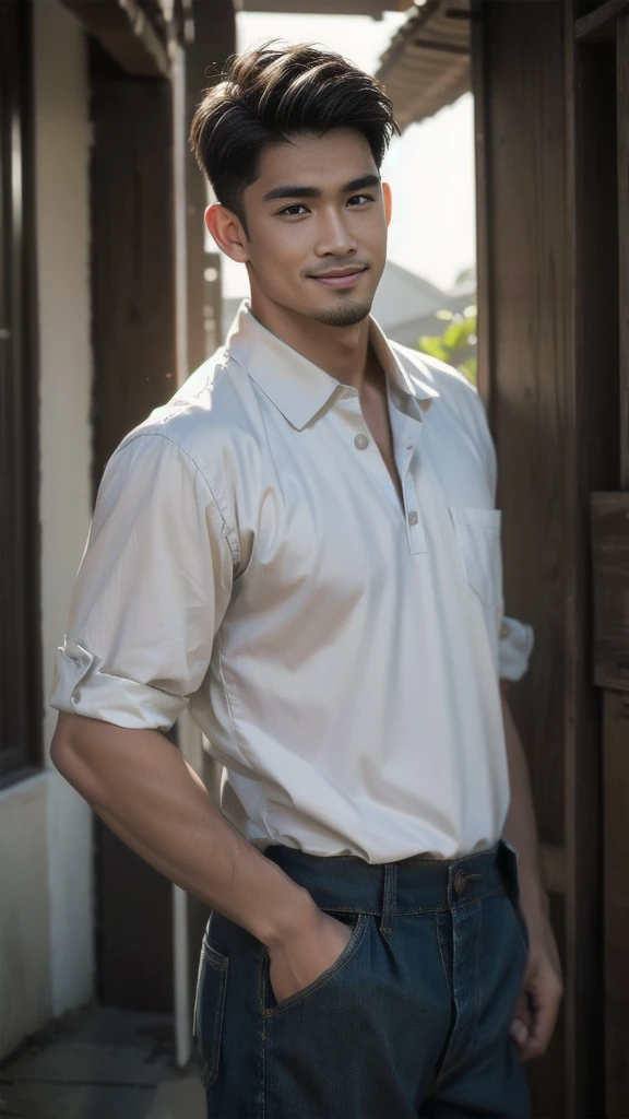 Natural light, realistic, Thai man, ทรงผมสั้น buzz cut, Handsome, muscular, big muscles, Broad shoulders, model,  Wearing a black polo shirt and jeans, he stood and smiled. , outdoor outside