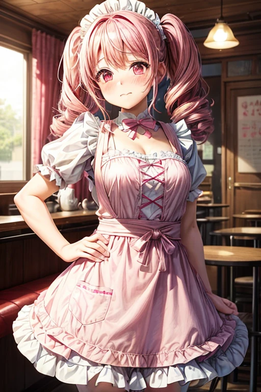 One girl,Cafe Waitress,Pink Hair,Twin tails,big tail,Curly Hair,Pink Lolita Maid,apron,Pink Eyes,blush,Embarrassed face,Girl with small,Small breasts,美しい,かわいい