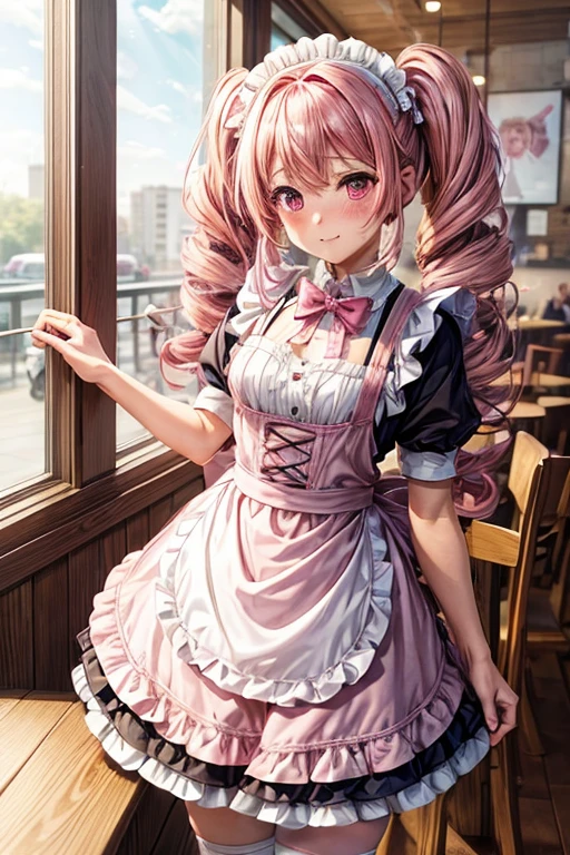 One girl,Cafe Waitress,Pink Hair,Twin tails,big tail,Curly Hair,Pink Lolita Maid,apron,Pink Eyes,blush,Embarrassed face,Girl with small,Small breasts,美しい,かわいい