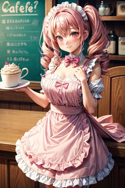 One girl,Cafe Waitress,Pink Hair,Twin tails,big tail,Curly Hair,Pink Lolita Maid,apron,Pink Eyes,blush,Embarrassed face,Girl with small,Small breasts,美しい,かわいい