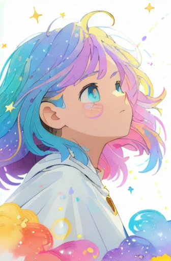((masterpiece)), (((best quality))), ((ultra-detailed)), ((illustration)),[realism light effect],shadow,(Fantasy style),(white background:1.6), simple background, (earth theme),(a cloak)[(hair focus,((1girl)),[(big slime hair): (cloud hair):0.3], (hair on background),(high saturation),(hair surrounded by galaxy splashes),)):((her hair is becoming galaxy clouds,:1.27628), (hair and clothes is galaxy clouds and cluster of stars:1.1025),(a cloak is becoming galaxy clouds)(colorful_galaxy_print_clusters_of_stars_print:1.35),((detailed starry sky with colorful galaxy and galaxy clouds):1.2)):0.35], (((masterpiece))),(((best quality))),((ultra-detailed)),(illustration),(dynamic angle),((floating)),(paint),((disheveled hair)),((beautiful detailed face)),collar,bare shoulders, ((colorful hair)),((streaked hair)),beautiful detailed eyes,(Gradient color eyes),(((colorful eyes))),(((colorful background))),(((high saturation))),(((surrounded by colorful splashes))),(((surrounded by colorful dot))),colorful bubble,((shining)),