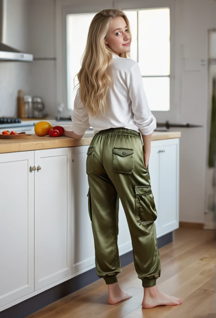 (best quality, 4k, 8k, high resolution, masterpiece: 1.2), ultra-detailed, full body, (realistic, photorealistic, photorealistic: 1.37), hyperrealistic art, detailed background, a 15 year old girl , beautiful fair skin with European features, long blonde hair, in the kitchen, leaning against the kitchen table, looking at the viewer, smiling at the viewer.(a woman wearing loungewear and Cargo Satin pants: Pants with multiple pockets, often inspired by military wear.)sexy Ass, candid ass,with his back facing the viewer,