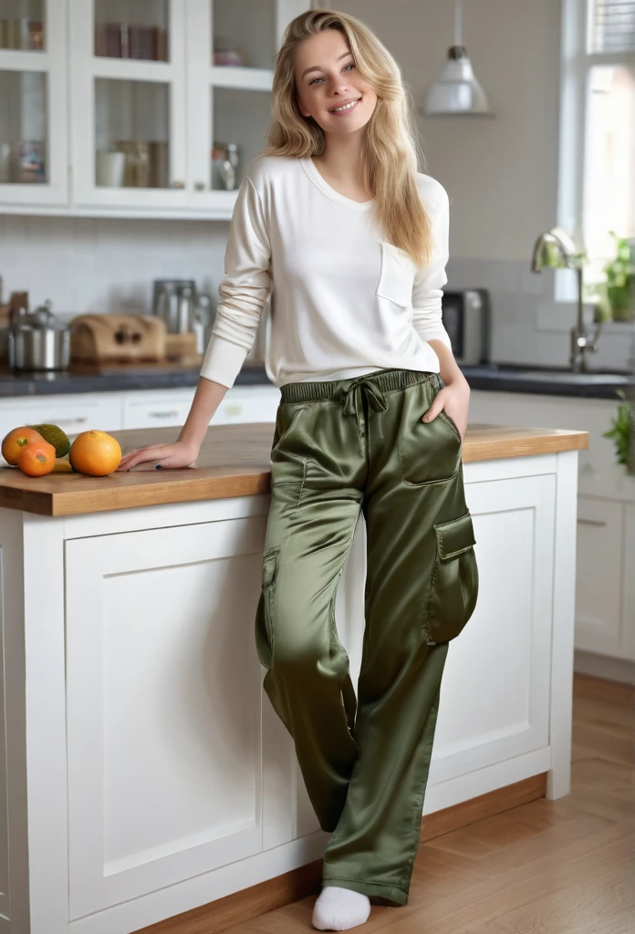 (best quality, 4k, 8k, high resolution, masterpiece: 1.2), ultra-detailed, full body, (realistic, photorealistic, photorealistic: 1.37), hyperrealistic art, detailed background, a 15 year old girl , beautiful fair skin with European features, long blonde hair, big ass, in the kitchen, with her back to the viewer, looking over her shoulder at the viewer, leaning against the kitchen table, looking at the viewer, smiling at the viewer.(a woman wearing loungewear and Cargo Satin pants: Pants with multiple pockets, often inspired by military wear.)sexy Ass