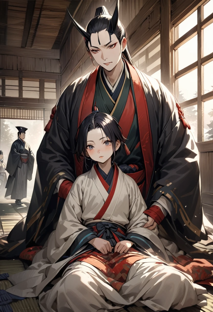 Masterpiece, highest quality, young Fujiwara no Michinaga, Heian period attire, traditional Japanese setting, ancient noble family, realistic style