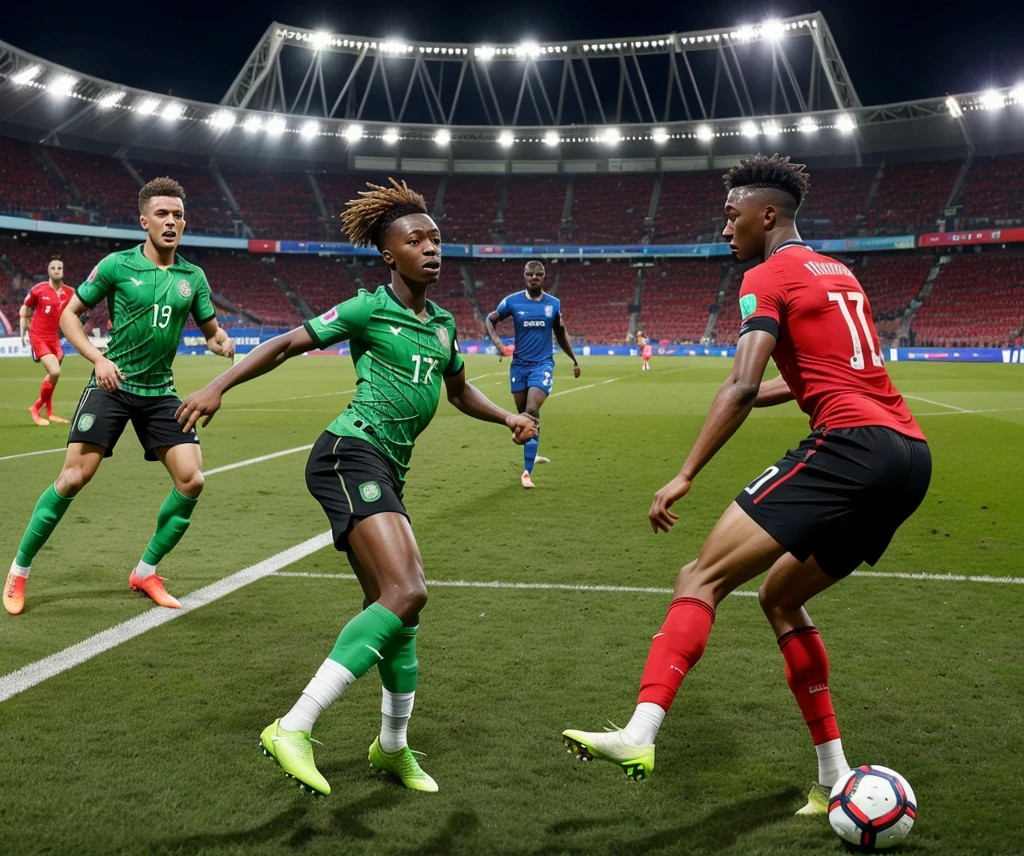 An action-packed image of Nigerian-born footballers playing in the EURO 2024 qualifiers. The image should show players like Bukayo Saka, David Alaba, and Tammy Abraham in action, showcasing their skills on the field. The background should feature a stadium filled with cheering fans, highlighting the excitement and energy of the qualifiers. The overall tone of the image should be dynamic and inspirational, reflecting the themes of talent, aspiration, and success.