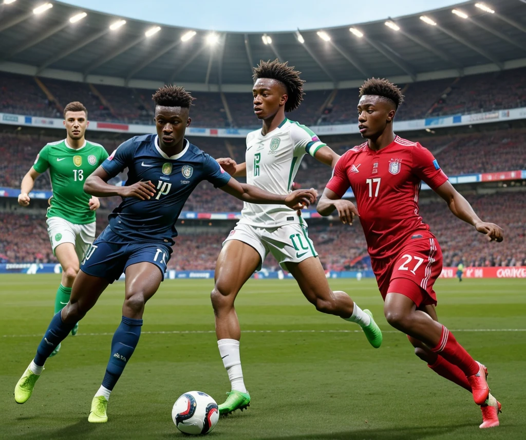 An action-packed image of Nigerian-born footballers playing in the EURO 2024 qualifiers. The image should show players like Bukayo Saka, David Alaba, and Tammy Abraham in action, showcasing their skills on the field. The background should feature a stadium filled with cheering fans, highlighting the excitement and energy of the qualifiers. The overall tone of the image should be dynamic and inspirational, reflecting the themes of talent, aspiration, and success.