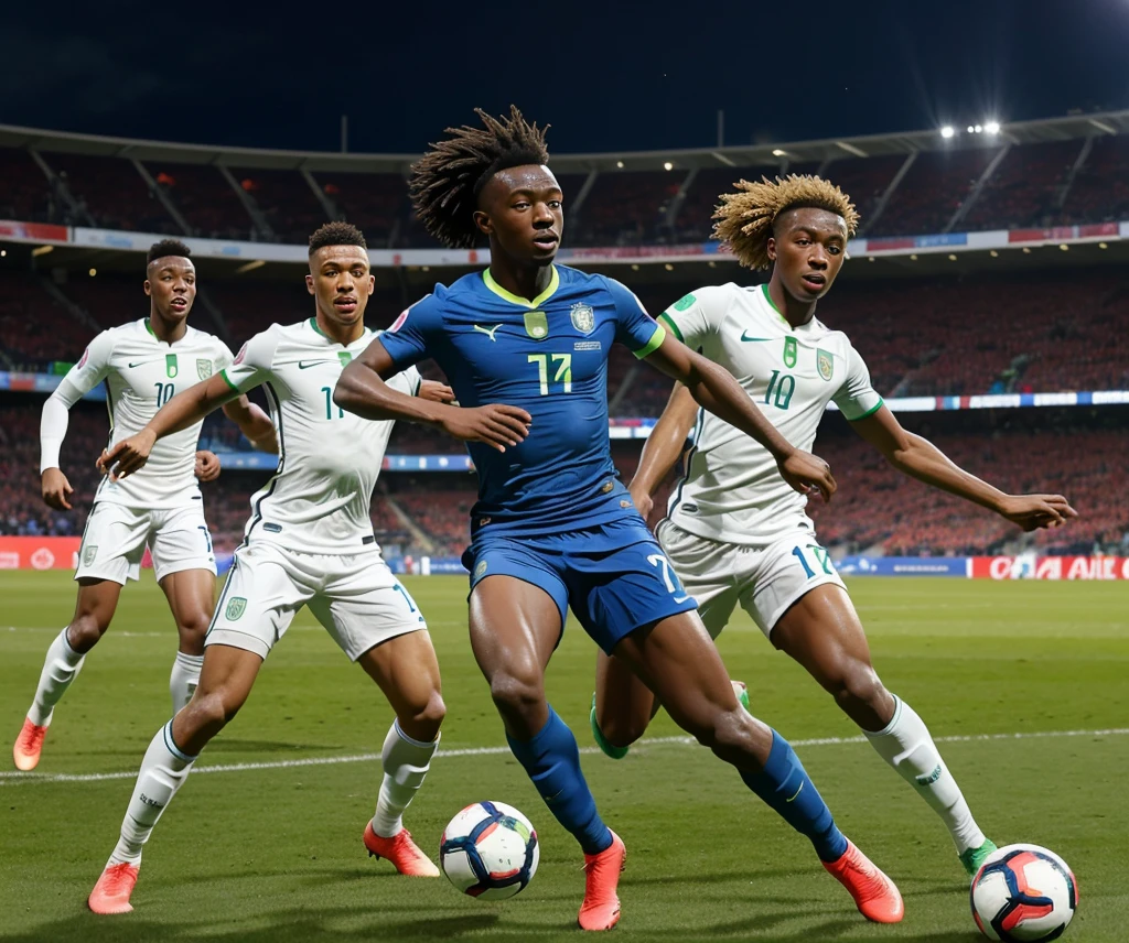 An action-packed image of Nigerian-born footballers playing in the EURO 2024 qualifiers. The image should show players like Bukayo Saka, David Alaba, and Tammy Abraham in action, showcasing their skills on the field. The background should feature a stadium filled with cheering fans, highlighting the excitement and energy of the qualifiers. The overall tone of the image should be dynamic and inspirational, reflecting the themes of talent, aspiration, and success.