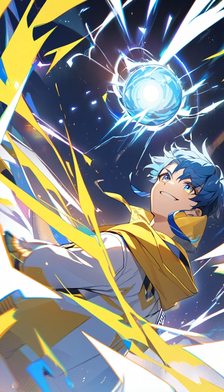1 boy,yellow and blue hair,yellow and blue eyes,,white open school blazer with logo,yellow hoodie inside,bright smile, lightning energy ball, standing