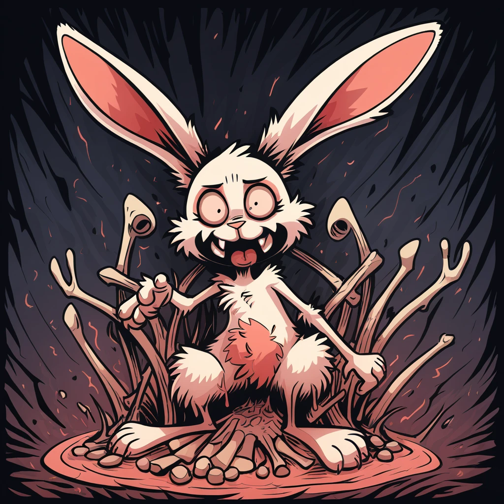 A rabbit with bones growing from flesh and fur in horror cartoon art style
