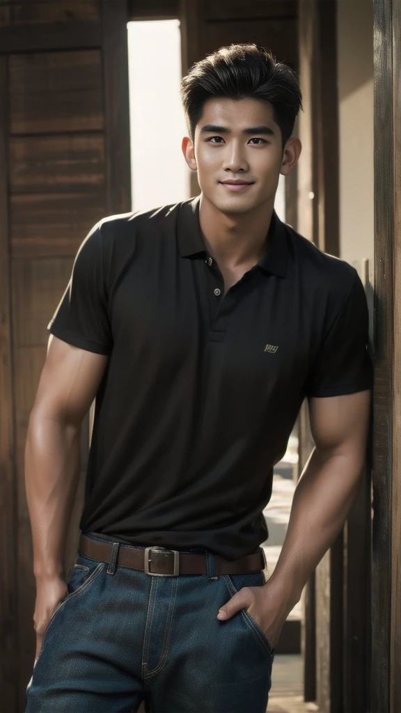 Natural light, realistic, Thai man, ทรงผมสั้น buzz cut, Handsome, muscular, big muscles, Broad shoulders, model,  Wearing a black polo shirt and jeans, he stood and smiled. , outdoor outside