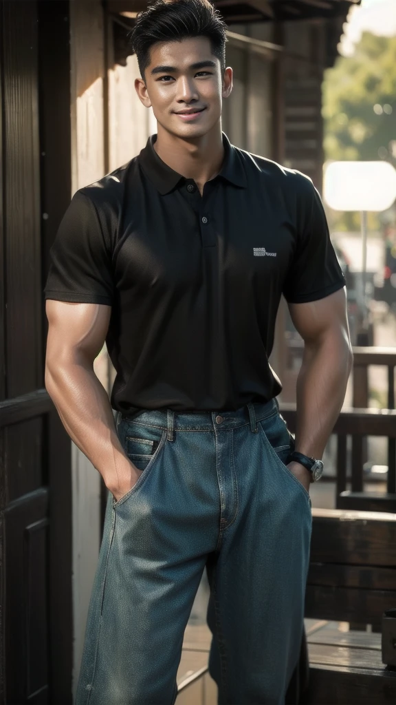 Natural light, realistic, Thai man, ทรงผมสั้น buzz cut, Handsome, muscular, big muscles, Broad shoulders, model,  Wearing a black polo shirt and jeans, he stood and smiled. , outdoor outside