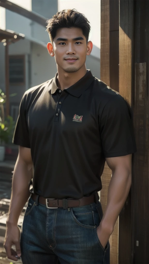 Natural light, realistic, Thai man, ทรงผมสั้น buzz cut, Handsome, muscular, big muscles, Broad shoulders, model, Wearing a black polo shirt and jeans, he stood and smiled. , outdoor outside