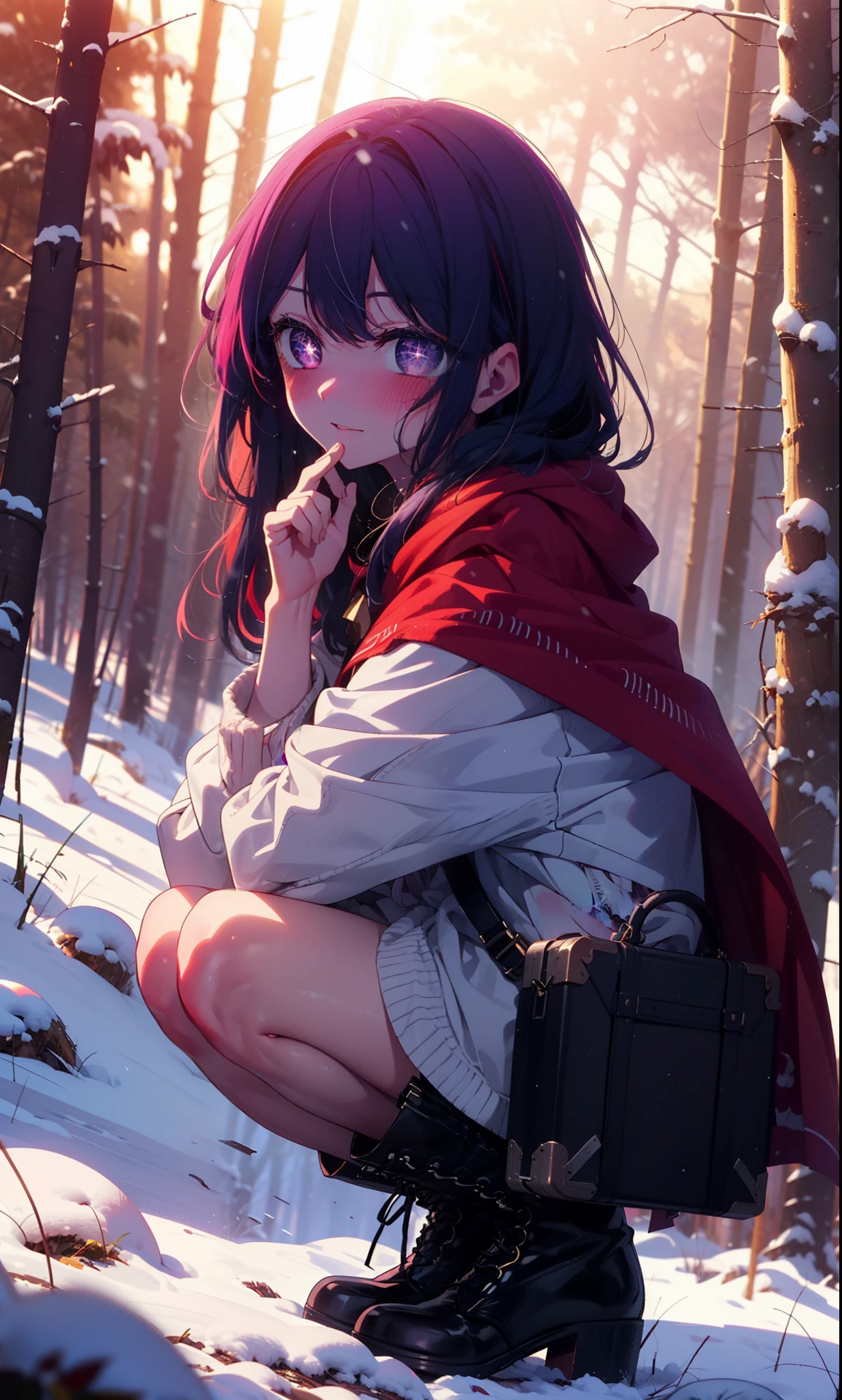 aihoshino, Ai Hoshino, Long Hair, bangs, (Purple eyes:1.1), Purple Hair, (Symbol-shaped pupil:1.5), smile,,smile,blush,White Breath,
Open your mouth,snow,Ground bonfire, Outdoor, boots, snowing, From the side, wood, suitcase, Cape, Blurred, , forest, White handbag, nature,  Squat, Mouth closed, Cape, winter, Written boundary depth, Black shoes, red Cape break looking at viewer, Upper Body, whole body, break Outdoor, forest, nature, break (masterpiece:1.2), Highest quality, High resolution, unity 8k wallpaper, (shape:0.8), (Beautiful and beautiful eyes:1.6), Highly detailed face, Perfect lighting, Highly detailed CG, (Perfect hands, Perfect Anatomy),