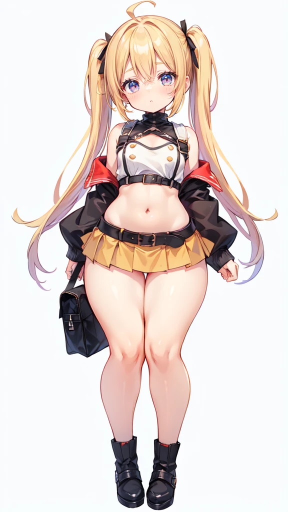 blank background, (((full body))), (masterpiece), ((best quality)), (very short girl), flat chest, short twintail, (wide hips:1.4), (thick thighs:1.4), (very short skirt), toeless footwear, belt below navel, fanny packs, bags