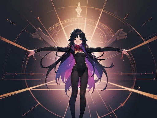 ((Highest quality)), ((masterpiece)), (detailed), One Girl, sexy, 黒hair, Small eyes,Black clothes, look up, whole body,hair,Fair skin,長いhair,Four arms, Open your arms, Vitruvian Man, Vitruvius' human body diagram