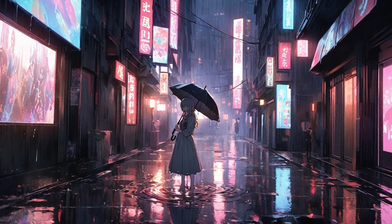 An anime girl standing on a rainy city street at night, with neon lights reflecting off the wet pavement. She has a melancholic expression, her eyes reflecting the sadness and realization of unfulfilled expectations. She is holding an umbrella, but still slightly drenched, symbolizing the struggles she faces. The background features tall buildings with glowing signs, creating a vibrant yet lonely atmosphere. Around her, there are hints of the past, such as a discarded photograph half-submerged in a puddle and a torn letter clinging to a lamppost. The atmosphere is filled with a sense of loneliness and introspection, capturing her struggle to accept reality and move on. The lighting emphasizes the contrast between the bright neon lights and the dark, rainy night, highlighting her as the focal point. The overall scene conveys a poignant mix of regret, realization, and the quiet strength needed to let go and move forward.