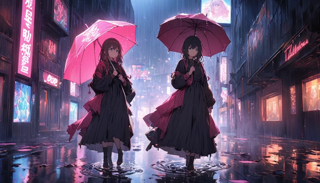 An anime girl standing on a rainy city street at night, with neon lights reflecting off the wet pavement. She has a melancholic expression, her eyes reflecting the sadness and realization of unfulfilled expectations. She is holding an umbrella, but still slightly drenched, symbolizing the struggles she faces. The background features tall buildings with glowing signs, creating a vibrant yet lonely atmosphere. Around her, there are hints of the past, such as a discarded photograph half-submerged in a puddle and a torn letter clinging to a lamppost. The atmosphere is filled with a sense of loneliness and introspection, capturing her struggle to accept reality and move on. The lighting emphasizes the contrast between the bright neon lights and the dark, rainy night, highlighting her as the focal point. The overall scene conveys a poignant mix of regret, realization, and the quiet strength needed to let go and move forward.