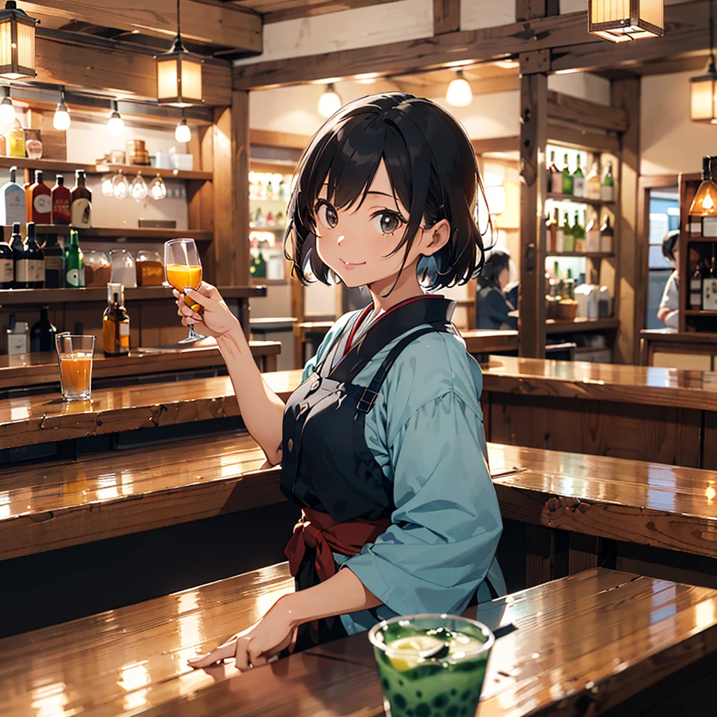 (1 mature japanese woman:1.3),40 years old,Black Hair,short hair,Buckshot,The interior of a retro Western-style bar,Narrow bar,There are no other customers,Sitting on a counter chair,Turn around and look at the camera,smile,Light green clothes,Holding a glass of Blue Hawaii,Dark indirect lighting,midnight,quiet night,Wooden bar counter,A half-smoked cigarette on the counter