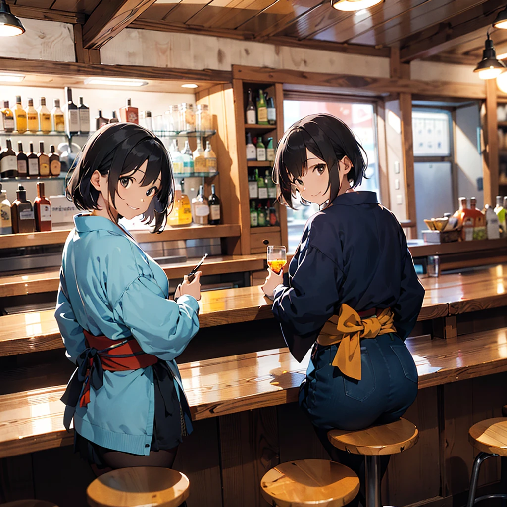 (1 mature japanese woman:1.3),40 years old,Black Hair,short hair,Buckshot,The interior of a retro Western-style bar,Narrow bar,There are no other customers,Sitting on a counter chair,Turn around and look at the camera,smile,Light green clothes,Holding a glass of Blue Hawaii,Dark indirect lighting,midnight,quiet night,Wooden bar counter,A half-smoked cigarette on the counter