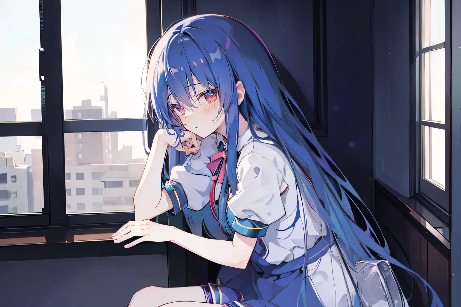 Anime Girl sitting on window sill drinking coffee and looking out the window, (Anime Girl), Anime cute art style, seductive Anime Girl, Beautiful anime high school, Cute girl anime visual, Night Core, Best Girl in Anime, young Anime Girl,dark blue long hair,Sit by the window