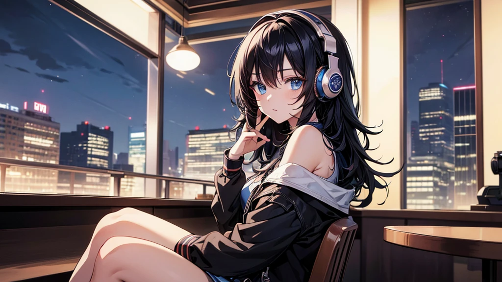 ((UHD, super detail, best quality, highres)),black hair, hair over shoulder, medium hair, blue eyes, (headphones), anime, anime style, Relaxing in a cafe at night.